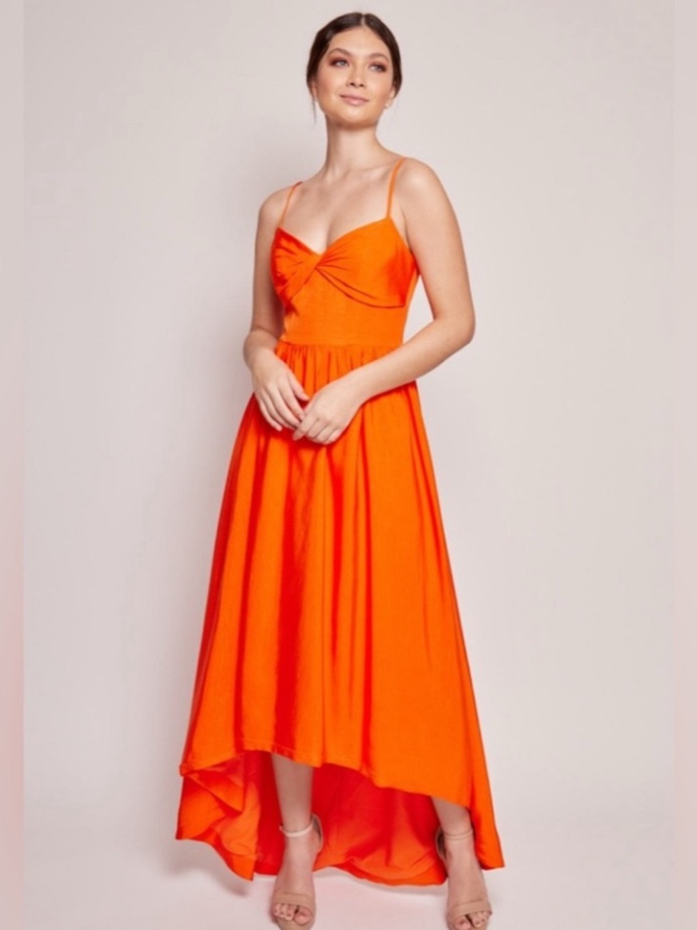 Monique Lhuillier Vibrant Orange High-Low Spaghetti Strap Dress
